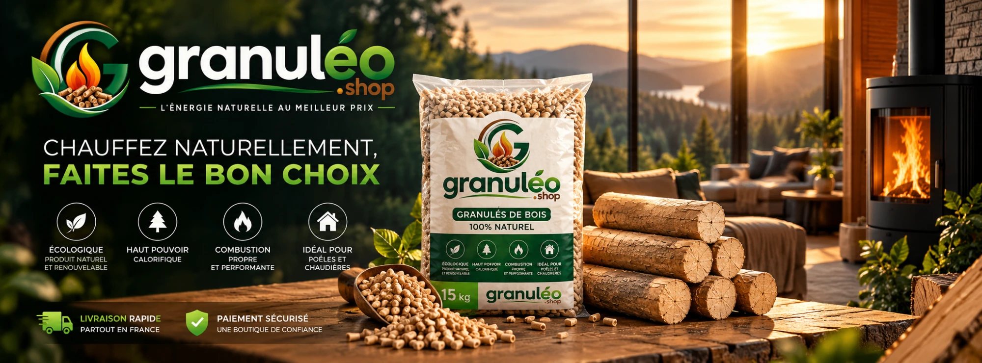 Granuléo.shop — granulés de bois 100 % naturel, sac de 15 kg, livraison rapide partout en France et paiement sécurisé